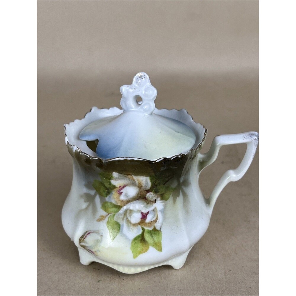 Antique R.S. Germany Porcelain Lidded Creamer Hand Painted‎ Floral 3.5” Chipped